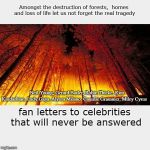 The Mean Meme | Amongst the destruction of forests,  homes and loss of life let us not forget the real tragedy; Neil Young,
Gerard Butler,
Robin Thicke,
Kim Kardashian,
Lady Gaga,
Alyssa Milano,
Camille Grammer,
Miley Cyrus; fan letters to celebrities that will never be answered | image tagged in wildfires,celebrities,fan mail | made w/ Imgflip meme maker