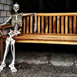 skeleton, bench, waiting