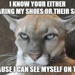 Annoyed Puma | I KNOW YOUR EITHER WEARING MY SHOES OR THEIR SHINY; BECAUSE I CAN SEE MYSELF ON THEM | image tagged in annoyed puma | made w/ Imgflip meme maker