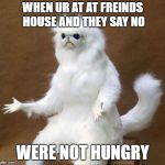 Y tho Persian cat room statue yeti thing | WHEN UR AT AT FREINDS HOUSE AND THEY SAY NO; WERE NOT HUNGRY | image tagged in y tho persian cat room statue yeti thing | made w/ Imgflip meme maker