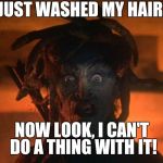 medusa | JUST WASHED MY HAIR. NOW LOOK, I CAN'T DO A THING WITH IT! | image tagged in medusa | made w/ Imgflip meme maker
