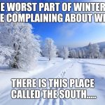 Winter | THE WORST PART OF WINTER IS PEOPLE COMPLAINING ABOUT WINTER... THERE IS THIS PLACE CALLED THE SOUTH..... | image tagged in winter | made w/ Imgflip meme maker