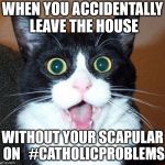 Surprised Cat Face | WHEN YOU ACCIDENTALLY LEAVE THE HOUSE; WITHOUT YOUR SCAPULAR ON   #CATHOLICPROBLEMS | image tagged in surprised cat face | made w/ Imgflip meme maker