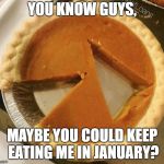 So not happening. | YOU KNOW GUYS, MAYBE YOU COULD KEEP EATING ME IN JANUARY? | image tagged in pumpkin pie fight,november,happy thanksgiving,pie | made w/ Imgflip meme maker