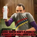 what kind | WHAT KIND OF BEAN'S IS USUALLY IN CHILI? LOT OF GAS 2 HOUR'S LATER | image tagged in march madness is in the air,sheldon big bang theory,bean's,chili,funny,funny meme | made w/ Imgflip meme maker