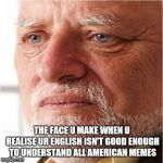 Harold can't hide his pain anymore | THE FACE U MAKE WHEN U REALISE UR ENGLISH ISN'T GOOD ENOUGH TO UNDERSTAND ALL AMERICAN MEMES | image tagged in harold sad,english,memes | made w/ Imgflip meme maker