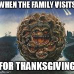 critter ball | WHEN THE FAMILY VISITS; FOR THANKSGIVING | image tagged in critter ball | made w/ Imgflip meme maker