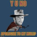 With DashHopes' y u no western template how could I NOT do one? | Y U NO; APOLOGIZE TO MY MULE? | image tagged in y u no western,clint eastwood,dashhopes,y u november,y u no | made w/ Imgflip meme maker