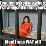 If I knew then... | Teacher asked me where I saw myself in ten years. Man! I was WAY off! | image tagged in death row inmate,memes,school,teachers | made w/ Imgflip meme maker