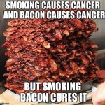 bacon | SMOKING CAUSES CANCER 
AND BACON CAUSES CANCER; BUT SMOKING BACON CURES IT | image tagged in bacon | made w/ Imgflip meme maker