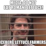 Jim Halpert | MEDIA: DO NOT EAT ROMANE LETTUCE! ICEBERG LETTUCE FARMERS: | image tagged in jim halpert | made w/ Imgflip meme maker