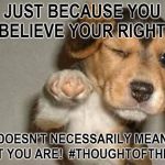 Pointing puppy | JUST BECAUSE YOU BELIEVE YOUR RIGHT! DOESN'T NECESSARILY MEAN THAT YOU ARE! 
#THOUGHTOFTHEDAY | image tagged in pointing puppy | made w/ Imgflip meme maker