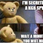 Awkward Bear | I'M SECRETLY A KGB SPY; WAIT A MINUTE YOU WUT M8 | image tagged in awkward bear | made w/ Imgflip meme maker