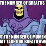 Skeletor Geico 1 | IT'S NOT THE NUMBER OF BREATHS WE TAKE, BUT THE NUMBER OF MOMENTS THAT TAKE OUR BREATH AWAY. | image tagged in skeletor geico 1 | made w/ Imgflip meme maker