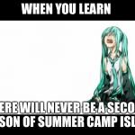 crying miku hatsune | WHEN YOU LEARN; THERE WILL NEVER BE A SECOND SEASON OF SUMMER CAMP ISLAND | image tagged in crying miku hatsune | made w/ Imgflip meme maker