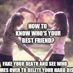 Friendship | HOW TO KNOW WHO'S YOUR BEST FRIEND? FAKE YOUR DEATH AND SEE WHO COMES OVER TO DELETE YOUR HARD DISK | image tagged in friendship | made w/ Imgflip meme maker