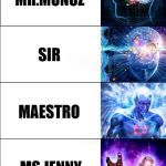 Expanding brain meme - 6 levels | MR .MANOLO; MR.MUNOZ; SIR; MAESTRO; MS.JENNY; MR CHAN | image tagged in expanding brain meme - 6 levels | made w/ Imgflip meme maker