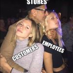 Jeff Goldblum Choking Girl | STORES; EMPLOYEES; CUSTOMERS | image tagged in jeff goldblum choking girl,retail | made w/ Imgflip meme maker