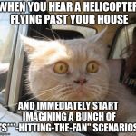 Scared Cat | WHEN YOU HEAR A HELICOPTER FLYING PAST YOUR HOUSE; AND IMMEDIATELY START IMAGINING A BUNCH OF "S***-HITTING-THE-FAN" SCENARIOS. | image tagged in scared cat | made w/ Imgflip meme maker