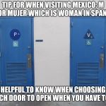 Genital Identity Bathroom | TIP FOR WHEN VISITING MEXICO; M IS FOR MUJER WHICH IS WOMAN IN SPANISH. HELPFUL TO KNOW WHEN CHOOSING WHICH DOOR TO OPEN WHEN YOU HAVE TO PEE | image tagged in genital identity bathroom | made w/ Imgflip meme maker