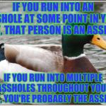 As somebody once said: If you want to make the world a better place; take a look at yourself, and then make a change | IF YOU RUN INTO AN ASSHOLE AT SOME POINT IN YOUR DAY, THAT PERSON IS AN ASSHOLE; IF YOU RUN INTO MULTIPLE ASSHOLES THROUGHOUT YOUR DAY, YOU'RE PROBABLY THE ASSHOLE | image tagged in memes,actual advice mallard | made w/ Imgflip meme maker