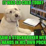 Stock Broker Dog | IT WAS SO COLD TODAY; I SAW A STOCKBROKER WITH HIS HANDS IN HIS OWN POCKETS | image tagged in stock broker dog | made w/ Imgflip meme maker