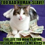 ME KEEPS IT | TOO BAD HUMAN-SLAVE! YOU LEFT TEH MONEY LAYING OUT SO ME FINDS IT & ME KEEPS IT! | image tagged in me keeps it | made w/ Imgflip meme maker