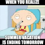 Back To School | WHEN YOU REALIZE; SUMMER VACATION IS ENDING TOMORROW | image tagged in back to school | made w/ Imgflip meme maker