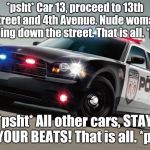 Sometimes, you gotta be sure... | *psht* Car 13, proceed to 13th Street and 4th Avenue. Nude woman running down the street. That is all. *psht* *psht* All other cars, STAY ON | image tagged in police car,memes,nudes,nudity,nudist,true crime | made w/ Imgflip meme maker