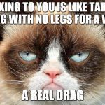 Grumpy Cat Not Amused | TALKING TO YOU IS LIKE TAKING A DOG WITH NO LEGS FOR A WALK A REAL DRAG | image tagged in memes,grumpy cat not amused,grumpy cat | made w/ Imgflip meme maker