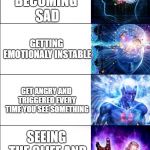 Expanding Brain 6 panel  | KEEPING SANE; BECOMING SAD; GETTING EMOTIONALY INSTABLE; GET ANGRY AND TRIGGERED EVERY TIME YOU SEE SOMETHING; SEEING THE CLIFF AND BECOMING SAD; JUMPING OFF THE CLIFF | image tagged in expanding brain 6 panel | made w/ Imgflip meme maker