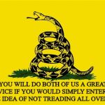 No step, K? | YOU WILL DO BOTH OF US A GREAT SERVICE IF YOU WOULD SIMPLY ENTERTAIN THE IDEA OF NOT TREADING ALL OVER ME | image tagged in dont tread on me | made w/ Imgflip meme maker