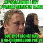 yes, i know im using the template wrong
 | MY FACE WHEN I TRY TO MAKE MEMES IN CLASS; BUT THE TEACHER HAS A NO-CHROMEBOOK POLICY | image tagged in veganstruggleguy,school,middle school,memes,teacher,funny | made w/ Imgflip meme maker