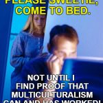 Diversity Is Our Strength LOL | PLEASE SWEETIE, COME TO BED. NOT UNTIL I FIND PROOF THAT MULTICULTURALISM CAN AND HAS WORKED! | image tagged in computer guy,wife,diversity,research | made w/ Imgflip meme maker