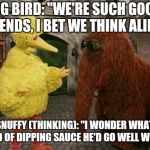 Big Bird And Snuffy | BIG BIRD: "WE'RE SUCH GOOD FRIENDS, I BET WE THINK ALIKE!"; SNUFFY (THINKING): "I WONDER WHAT KIND OF DIPPING SAUCE HE'D GO WELL WITH." | image tagged in memes,big bird and snuffy | made w/ Imgflip meme maker