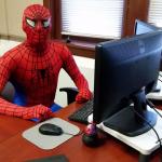 Friendly neigborhood spiderman at desk meme