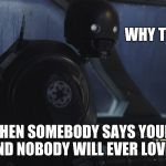 K2SO | WHY THO? WHEN SOMEBODY SAYS YOUR FAT AND NOBODY WILL EVER LOVE YOU | image tagged in k2so | made w/ Imgflip meme maker