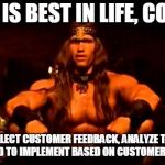 conan crush your enemies | WHAT IS BEST IN LIFE, CONAN? TO COLLECT CUSTOMER FEEDBACK, ANALYZE TO GAIN INSIGHT, AND TO IMPLEMENT BASED ON CUSTOMER EXPERIENCE | image tagged in conan crush your enemies | made w/ Imgflip meme maker