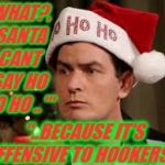 Santa Charlie... | "WHAT?,  SANTA CANT SAY HO HO HO ..'"; "..BECAUSE IT'S OFFENSIVE TO HOOKERS?" | image tagged in charlie sheen santa hat,charlie sheen,chuck sheen,bad santa | made w/ Imgflip meme maker