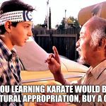 Karate is for Asians  | YOU LEARNING KARATE WOULD BE CULTURAL APPROPRIATION, BUY A GUN. | image tagged in karate kid,cultural appropriation,asian | made w/ Imgflip meme maker