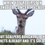 So now i'm paying $500 for $25 tickets in row 265 | WHEN YOU'RE FIRST IN LINE FOR CONCERT TICKETS; BUT SCALPERS BOUGHT ALL THE TICKETS ALREADY AND IT'S SOLD OUT | image tagged in furious deer,concert,tickets,memes | made w/ Imgflip meme maker