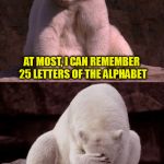 Maybe it's because you're a polar bear? | AT MOST, I CAN REMEMBER 25 LETTERS OF THE ALPHABET; I DON'T KNOW WHY | image tagged in bad joke polar bear,memes | made w/ Imgflip meme maker