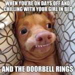 It never fails | WHEN YOU'RE ON DAYS OFF AND CHILLING WITH YOUR GIRL IN BED; AND THE DOORBELL RINGS | image tagged in phteven tuna the dog,days off | made w/ Imgflip meme maker