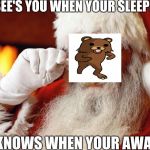 Santa Claus | HE SEE'S YOU WHEN YOUR SLEEPING; HE KNOWS WHEN YOUR AWAKE | image tagged in santa claus,santa,pedo bear | made w/ Imgflip meme maker