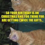 Laughing Cat | SO YOUR BIRTHDAY IS ON CHRISTMAS AND YOU THINK YOU ARE GETTING TWICE THE GIFTS... SORRY, SORRY, I... I CAN´T BREATH... | image tagged in laughing cat | made w/ Imgflip meme maker
