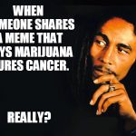 Bob Marley | WHEN SOMEONE SHARES A MEME THAT SAYS MARIJUANA CURES CANCER. REALLY? | image tagged in bob marley | made w/ Imgflip meme maker