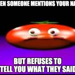 Cynical Tomato | WHEN SOMEONE MENTIONS YOUR NAME; BUT REFUSES TO TELL YOU WHAT THEY SAID | image tagged in cynical tomato | made w/ Imgflip meme maker