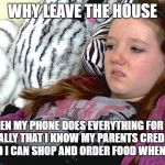 lazy millennials | WHY LEAVE THE HOUSE; WHEN MY PHONE DOES EVERYTHING FOR ME. ESPECIALLY THAT I KNOW MY PARENTS CREDIT CARD NUMBER AND I CAN SHOP AND ORDER FOOD WHENEVER I WANT. | image tagged in lazy millennials | made w/ Imgflip meme maker
