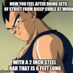 Vegeta  | HOW YOU FEEL AFTER DOING SETS OF STRICT FORM BICEP CURLS AT WORK; WITH A 2 INCH STEEL BAR THAT IS 6 FEET LONG | image tagged in vegeta | made w/ Imgflip meme maker
