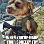 D-day Doggo | THAT FACE YOU MAKE; WHEN YOU'VE MADE YOUR SQUEEKY TOY SQUEEK IT'S LAST SQUEEK | image tagged in d-day doggo | made w/ Imgflip meme maker